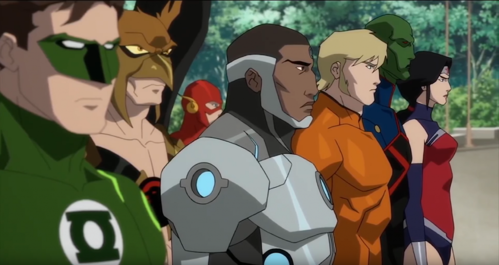 Group shot of Green lantern, Hawkman, Cyborg, Flash, Aquaman, Martian manhunter and Wonder Woman