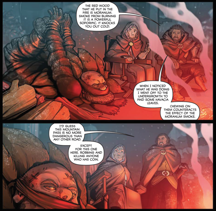 two panels from Talgard featuring a bandit tied up and some dialogue