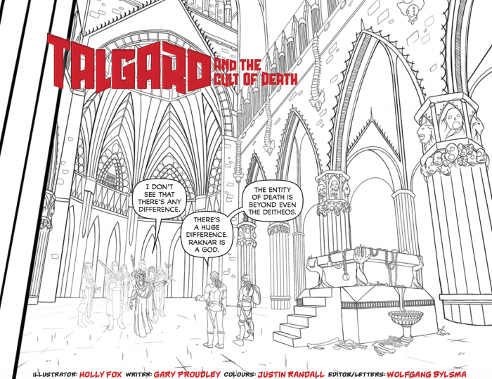 A black and white line work panel from the Talgard Comic