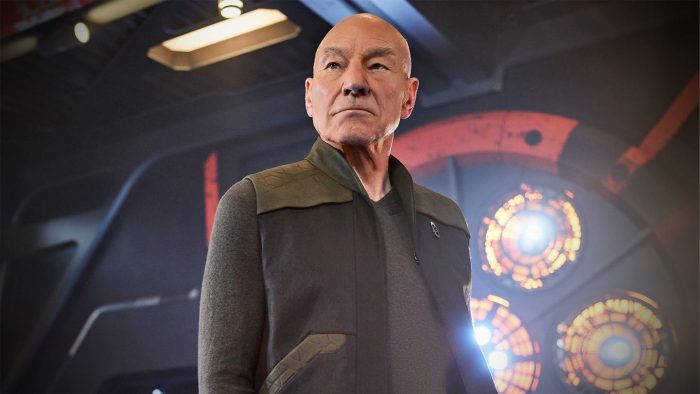 Patrick Stewart as Jean luc Picard on a science fiction set
